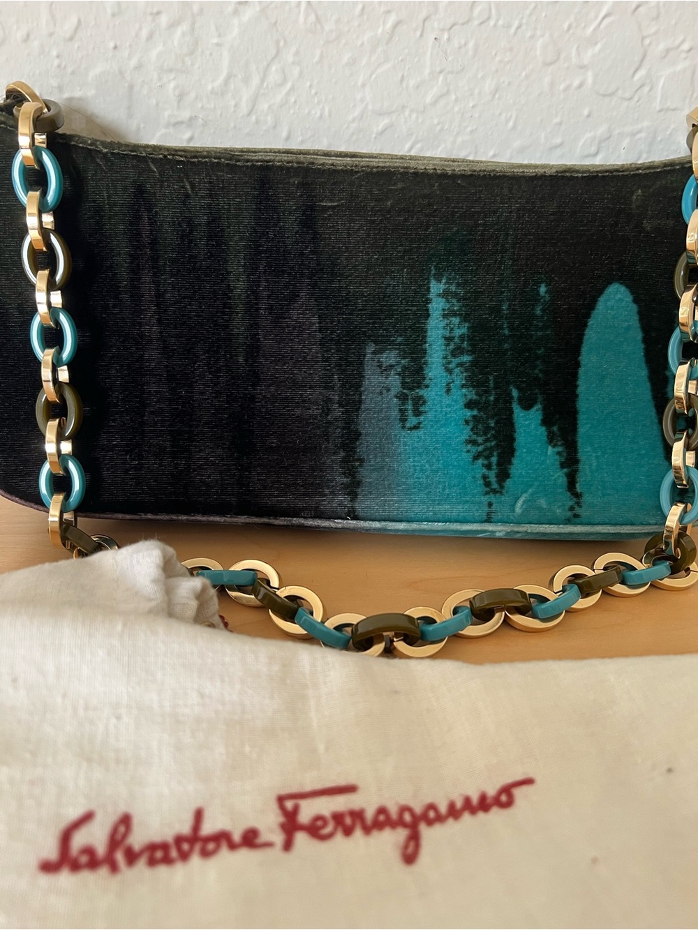 Salvatore Ferragamo Black and Teal Velvet Chain Shoulder Bag - Picture 2 of 8